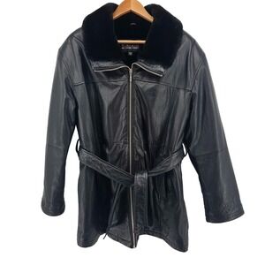 Wilsons Leather Womens Black Jacket Faux Fur Collar Lining Belted Trench Coat M